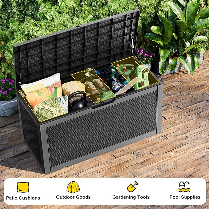 120 Gallon Waterproof Outdoor Storage Box,Resin Deck Box,Lockable Outside Storage Box Container for Patio Furniure,Garden,Tools (120 Gallon,Black) MAIUSCOLI