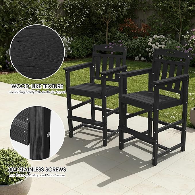 Ciokea Heavy Duty Bar Height Chair, 380lbs Outdoor Adirondack Tall Bar Chair Patio Stool with Arms & High Back, Heavy Duty All-Weather for Balcony, Poolside, Deck and Garden, Black CIOKEA