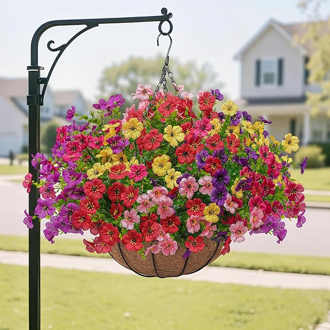 2 Set Artificial Faux Hanging Plants Flowers Basket for Outdoors Spring Summer Decoration, 2 Hanging Planters with 24pcs Fake Silk Flowers UV Resistant for Outside Porch Patio Garden Home 6 Multicolor Tiabean