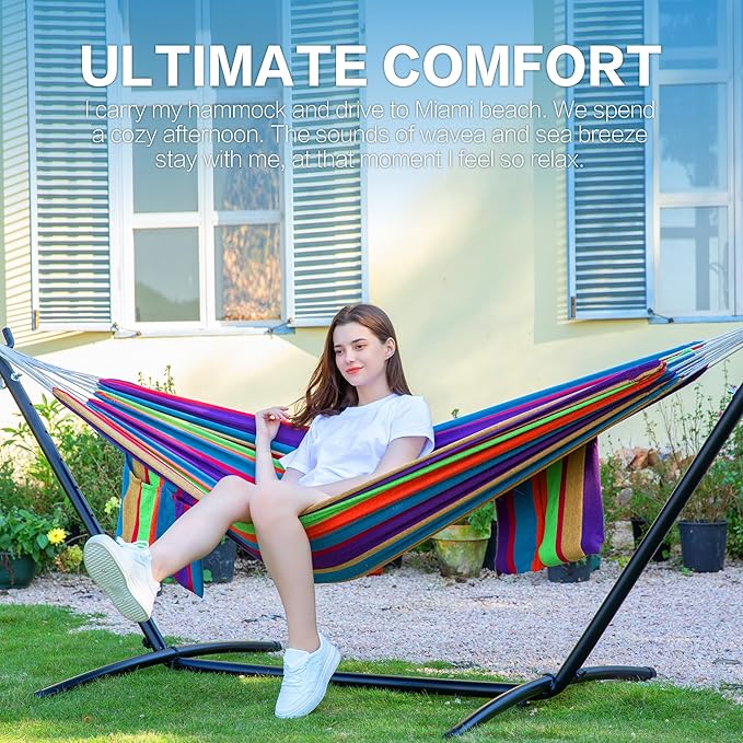 PNAEUT Double Hammocks with Stand for Outside, Portable Space Saving Heavy-Duty Steel Stand for Indoor Outdoor Patio, 450 lbs Capacity (Tropical) PNAEUT