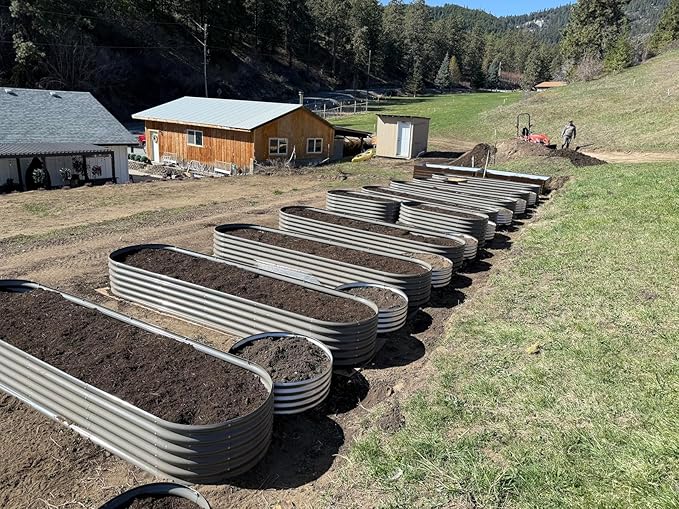 A ANLEOLIFE Set of 14, 18 Inch Tall Raised Garden Beds Kit, Heart-Shaped, Large Oval & Round Metal Planters – Ideal for Backyard Vegetables Flowers Herbs, Quartz Grey AAnleolife