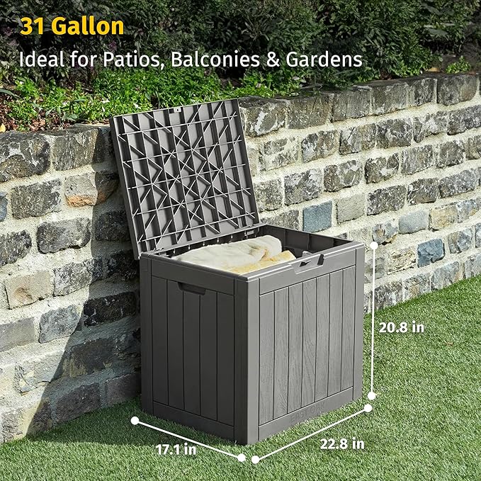 EAST OAK Outdoor Storage Box, 31 Gallon Deck Box Indoor and Outdoor Use, Waterproof Resin Storage Bin for Package Delivery, Patio Cushions, Gardening Tools, Lockable, UV Resistant, Grey EASTOAK