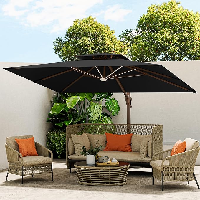 10 X 13 FT Cantilever Outdoor Patio Umbrella with Base Included Large Heavy Duty 360° Rotation Double Top Offset Rectangular Umbrellas with Led Lights for Backyard Outside Deck, Black MEVBC