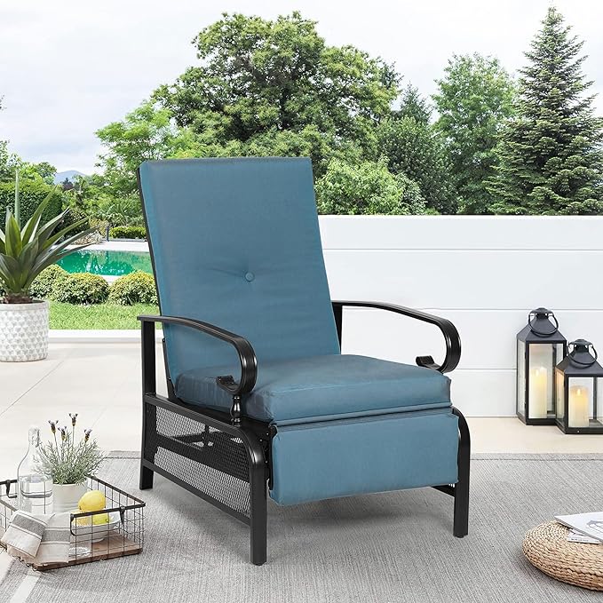 Oakcloud Adjustable Outdoor Lounge Chair Metal Patio Relaxing Recliner Chair with Removable Cushions(Peacock Blue) OckcloudPatioFurniture