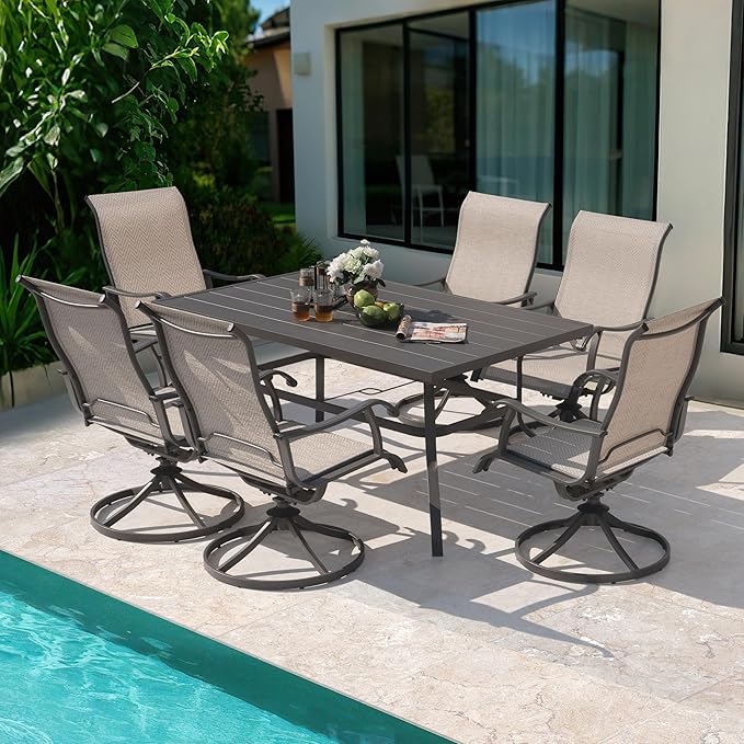 NUU GARDEN 7-Piece Outdoor Dining Set for 6, 61'' x 37'' Rectangle Metal Table with Umbrella Hole & 6PCS Textilene Swivel Chairs, All-Weather Patio Outdoor Furniture for Porch Backyard Garden Poolside NUUGARDENCORPORATION