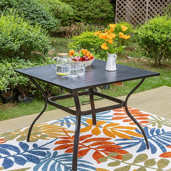 PHI VILLA 37" Patio Table for 4, Metal Outdoor Dining Table with E-Coating, Square Steel Slated Outdoor Table with 1.57" Umbrella Hole for Garden Backyard, Black PHIVILLAThepioneerofcomfortablehouseholdsupplies