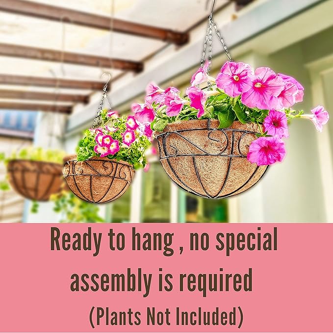 LaLaGreen Hanging Planter for Outdoor Plants (14 Inch, 2 Pack) Black Hanging Baskets with Coco Liner, Metal Wire Flower Basket Pots with Hook Hanger Balcony Porch Farmhouse Country Style Garden Decor L%C3%A1L%C3%A1Green