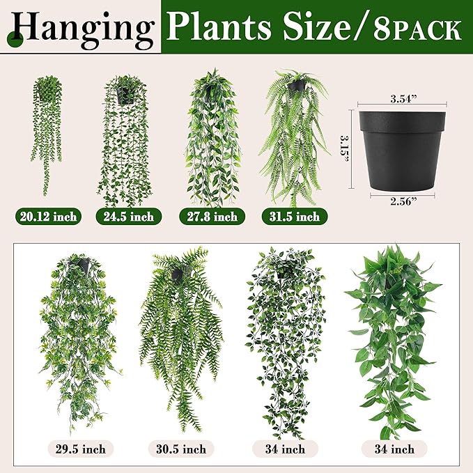 Der Rose 8Pcs Fake Plants Hanging Artificial Ivy Vine Faux Eucalyptus Hanging Plants for Home Boho Wall Shelf Indoor Outdoor Decor (Black Pots) DerRose