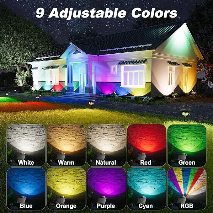 Solar Spot Lights Outdoor Waterproof IP68, RGB Colors Changing Solar Lights with 4 Lighting Modes, Solar Powered Lights Outdoor for Yard Outside Landscape Garden (6Pack) Rootora