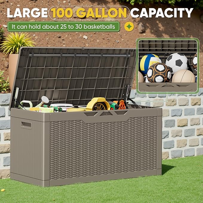Greesum Outdoor Storage Box 100 Gallon Storage Bin with Lid for Patio Furniture, Garden Tools, Pool Supplies, Lockable, Waterproof and UV Resistant, Light Coffee BuynowfromGreesum