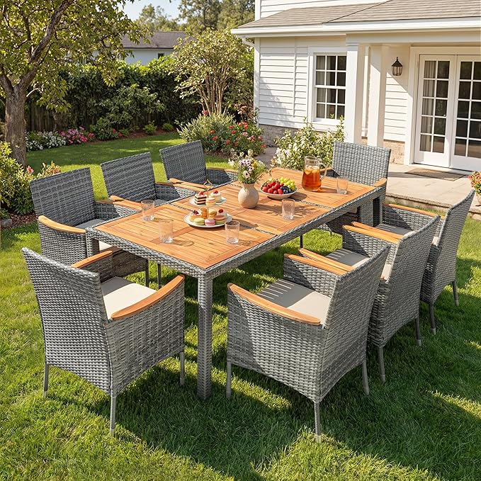 Devoko Outdoor Patio Dining Sets 9 Pieces Wicker Outdoor Dining Table and Chairs Set with Acacia Wood Table Top and Widened Armrests for Backyard, Garden, Deck (Grey) DEVOKO
