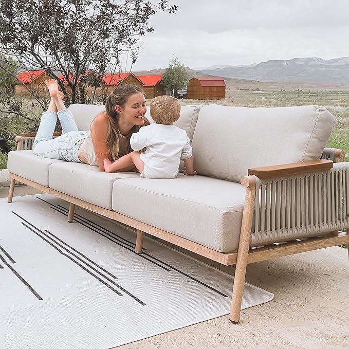 Acanva Modern All-Weather Aluminum Outdoor Patio Sofa with Thick Cushions, Olefin Fabric Sunroom Backyard Furniture, Couch Light Khaki acanva
