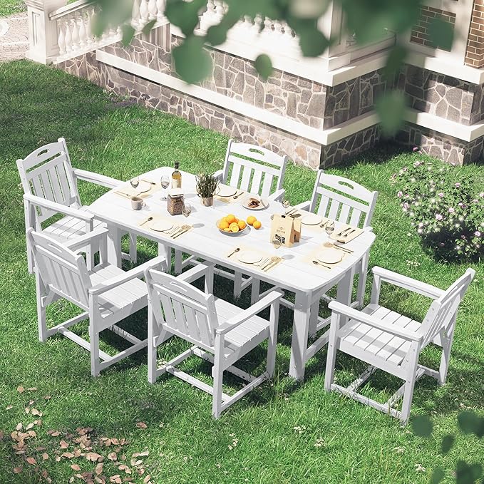 HDPE Outdoor Patio Dining Set with Table & 6 Chairs, All-Weather 7-Piece Outdoor Table and Chairs, 2" Umbrella Hole, Patio Furniture for Garden, Backyard, Deck | White Suunyn