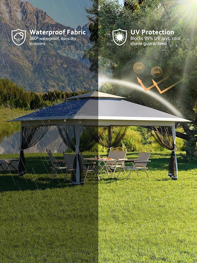 13 X 13FT Pop Up Gazebo, Canopy Tent, Gazebos on Clearance,Patio Folding Canopy with Mosquito Netting - Backyard Tent for Party, Wedding, Outdoor Dining, Patio, Backyard(Navy Blue+Hemp Grey) Hipicute