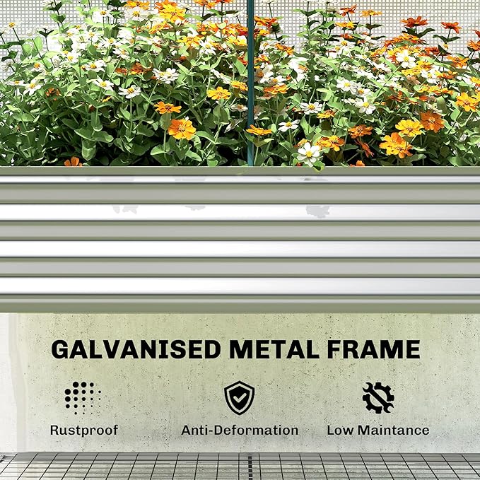 Outsunny Galvanised Raised Garden Bed with Greenhouse Cover, Metal Elevated Garden Bed with Legs, Bed Liner and Bottom Shelf, Outdoor Raised Planter Box for Vegetables, Herbs, Flowers, Silver Outsunny