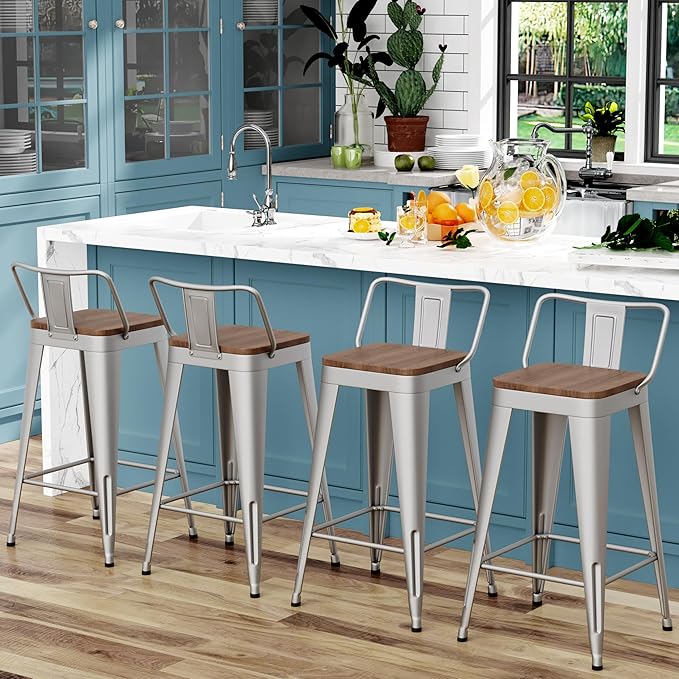 WENTMENT Bar Stools Set of 4 Counter Height Stools with Removable Back 26" Kitchen Bar Stools with Wooden Seat, Silver WENTMENT