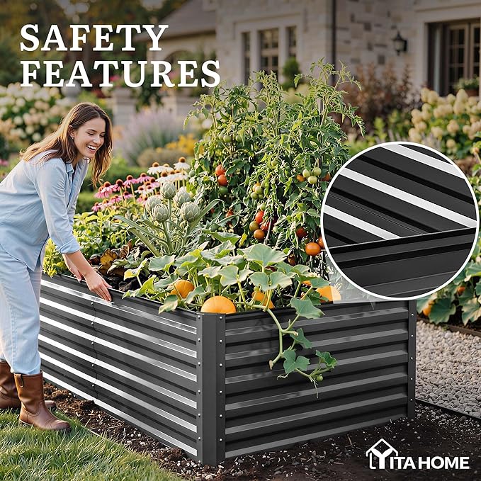 YITAHOME 8x4x2ft Large Raised Garden Bed Kit, Galvanized Metal Planter Box with Gloves, Ground Nails, Support Rod & Safety Rubber, Outdoor Above Ground Planters for Plants Vegetables Flowers, Black YITAHOME