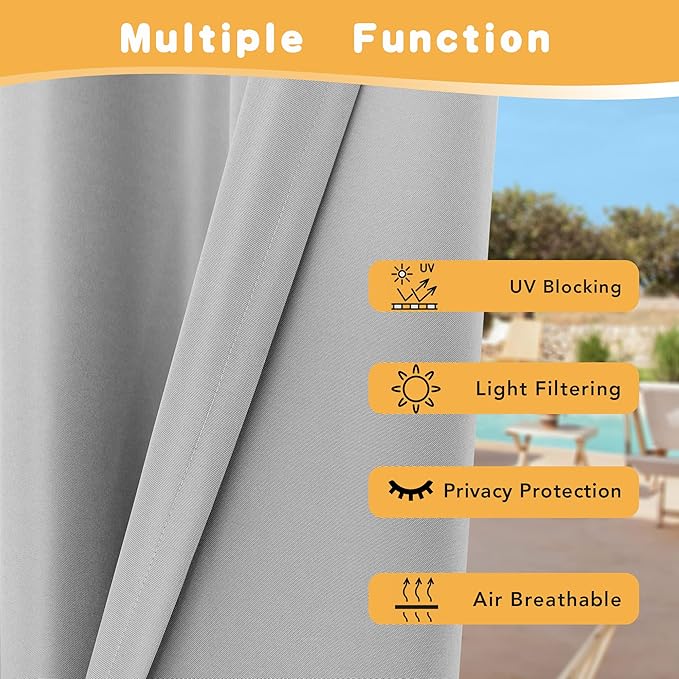 HolidayIdeas Extra Wide Outdoor Curtains for Patio Waterproof, 2 Panels - 110 x 84 Inch - Privacy & Light Filtering Curtains Grommet Outside Curtains for Porch, Gazebo, Pergola, Backyard (Silver) HolidayIdeas