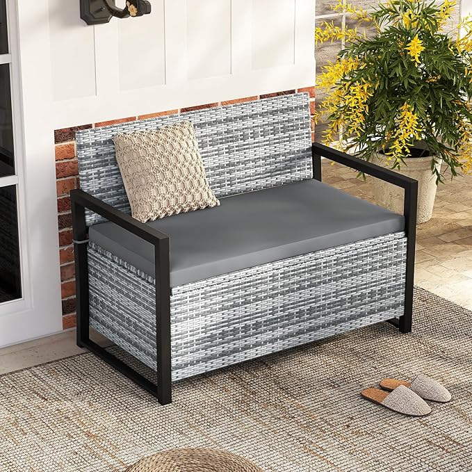 Tangkula 40 Gallon Outdoor Bench with Storage, Patio Wicker Storage Bench with Cushion, Cover, Metal Frame, Deck Box Seat for Backyard, Poolside, Balcony, Garden TANGKULA
