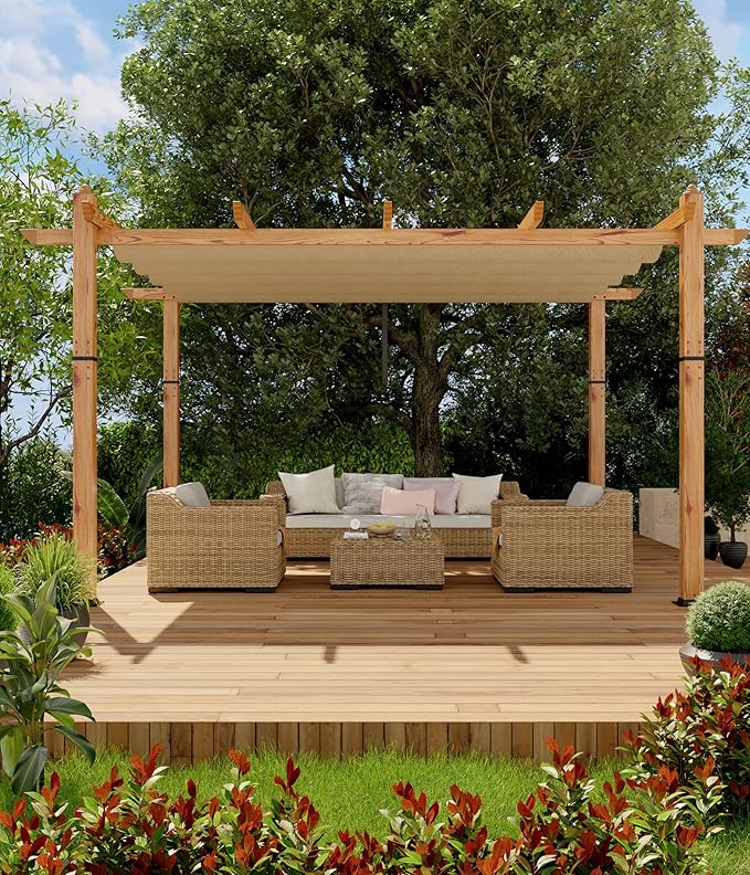 10 x 13 ft Aluminum Pergola with Adjustable Canopy, Outdoor Metal Pergola, Imitation Wood-Grain Sun Shade Shelter for Garden Patio Backyard Deck BouPower