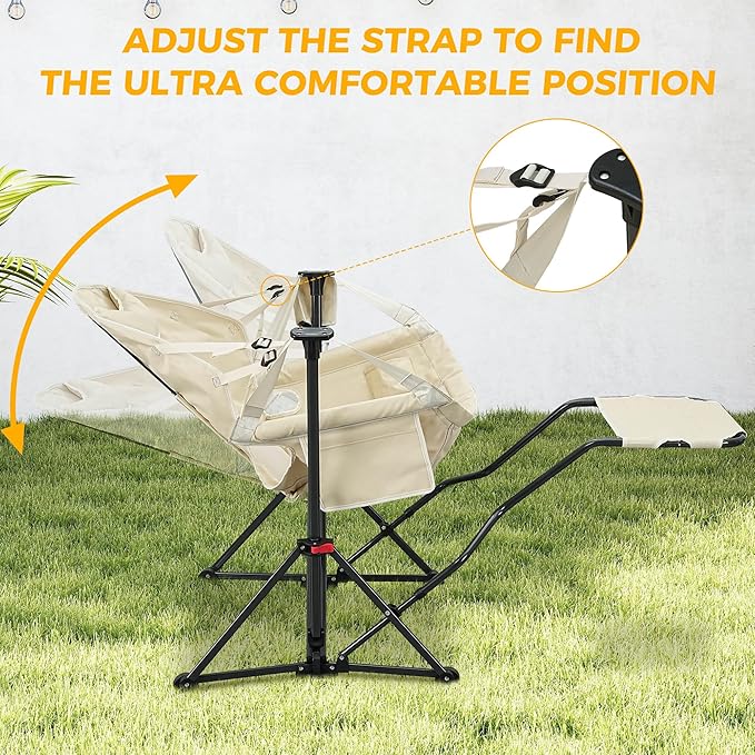 Ainfox Hammock Camping Chair with Footrest, Foldable Portable Rocking Chairs for Adults Outside Swinging Camp with Cup Holder Pillow for Outdoor Patio Poolside (Beige) Ainfox