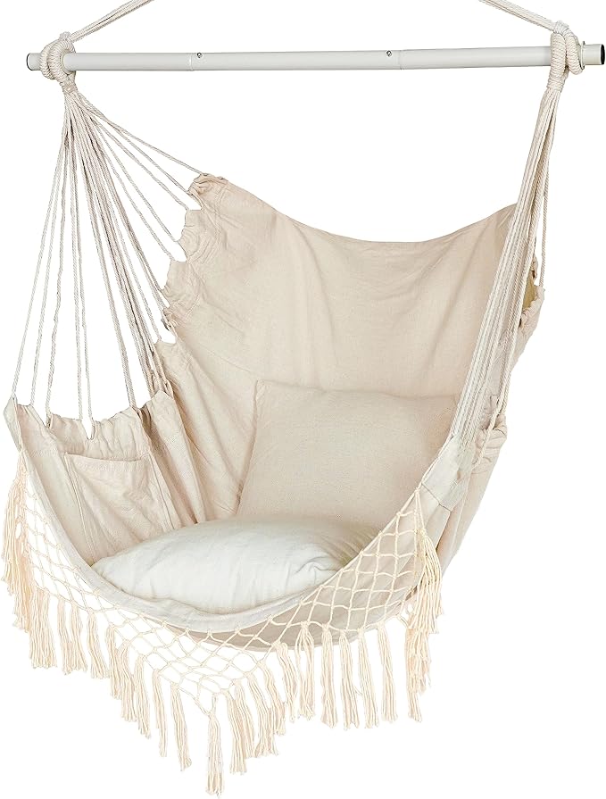 Hammock Chair, Hanging Rope Swing Seat with 2 Cushions,Macrame Hanging Chair Side Pocket with High Load-Bearing Metal Rod,for Indoor, Outdoor, Extra Comfortable YAERSI