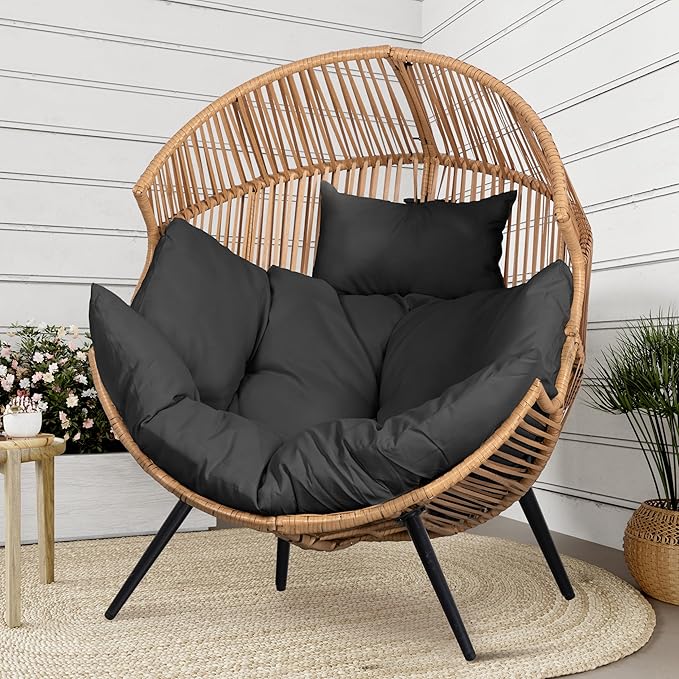 Shintenchi Wicker Egg Chair Rattan Patio Chair with Cushion,Oversized Patio Lounge Chairs with Cushion Egg Basket Chair, Egg Seat for Indoor Living Room Bedroom Outside,Grey Shintenchi