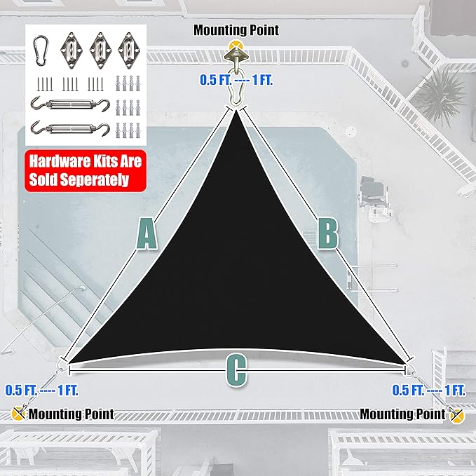 Amgo Custom Size 10' x 10' x 10' Black Triangle Sun Shade Sail Order to Make Canopy Awning UPF50+ AGSLT, 95% UV Blockage, Water & Air Permeable, 200GSM Commercial Standard (We Customize) Amgo