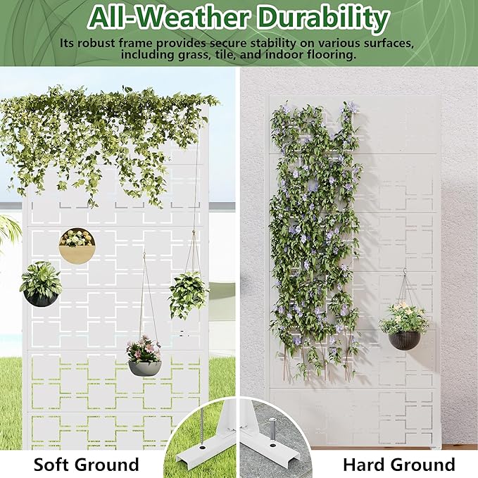 Casaphoria Metal Privacy Screen Outdoor, 72" H x 35" W Freestanding Decorative Privacy Screen for Patio Deck Balcony Garden with Stable Base, White-Square Casaphoria