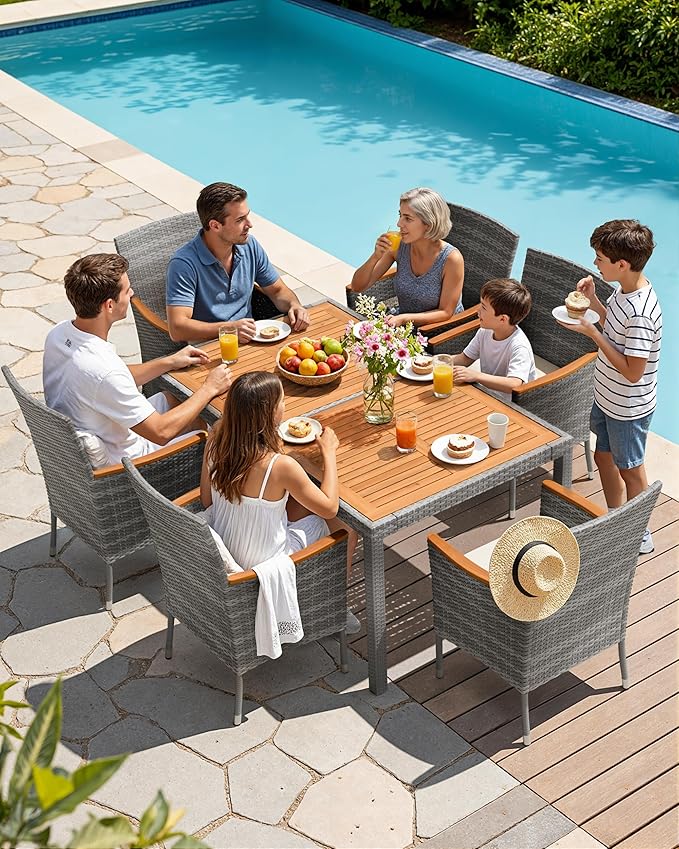 Flamaker 7 Piece Patio Dining Set Outdoor Acacia Wood Table and Chairs with Soft Cushions Wicker Patio Furniture for Deck, Backyard, Garden (Grey) Flamaker