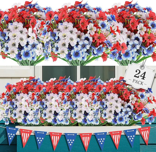 AGIRL 24 Bundles Artificial Flowers for Outdoor,No Fade Fake Plastic Flowers for Garden Porch Window Box Home,Red White Blue Faux Plants for 4th of July Memorial Day Independence Day Patriotic Decor AGIRL