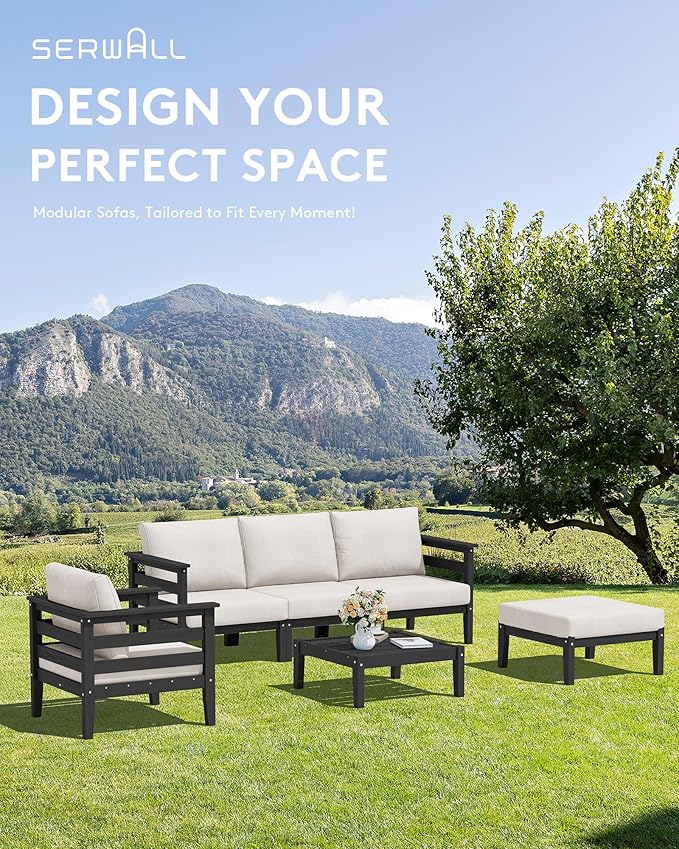 SERWALL HDPE Patio Furniture Set, 2 Pieces Outdoor Sectional Sofa Set, All-Weather Wood-Like Outdoor Sofa Couch with Coffee Table for Deck, Lawn, Black Frame with Khaki Cushion SERWALL
