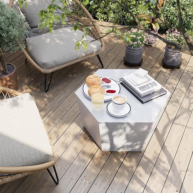 UPHA Outdoor Hexagon Coffee Table, Small Modern Minimalist Accent Tables, Low Light Concrete Center Table for Living Room, Outside Patio, Deck, 28×24.2×15.4, Off-White UPHA