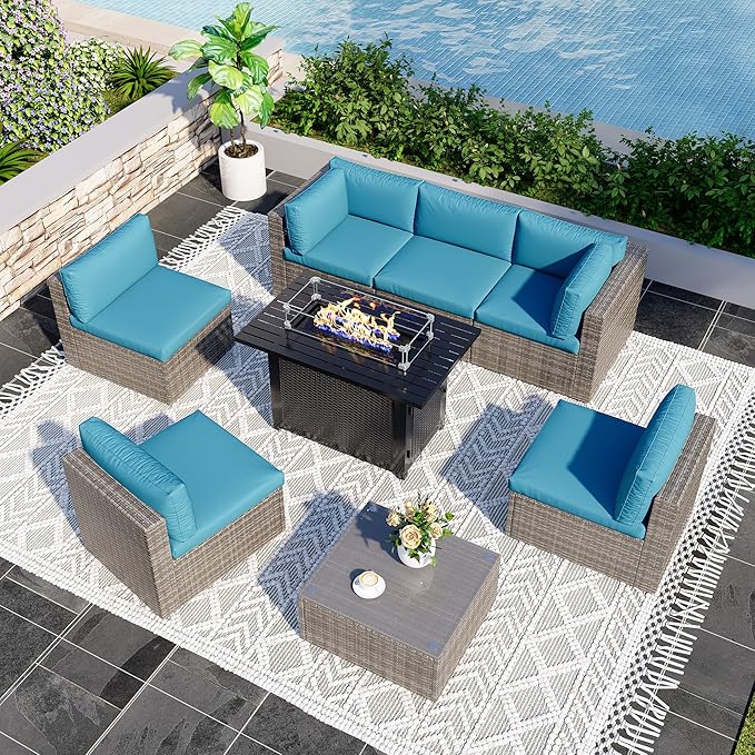 8 Pieces Outdoor Patio Furniture Set with 43" Fire Pit Table, Wicker Outdoor Patio Sectional Sofas with Coffee Table and Cushions, All-Weather Patio Conversation Set for Garden Backyard, Light Blue MayinColor