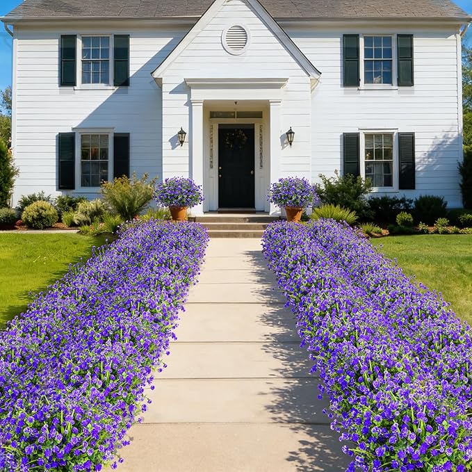 20 Bundles Artificial Flowers for Outdoors Fake Plastic Flowers UV Resistant Realistic Faux Plants Shrubs for Spring Summer Garden Porch Yard Patio Planter Window Box Home Decor, Purple Besteek