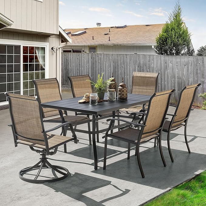 NUU GARDEN 7 Pieces Outdoor Dining Sets, Textilene Swivel Patio Table and Chairs All-Weather Outdoor Furniture Set for Lawn, Backyard, Balcony, Black and Brown NUUGARDENCORPORATION