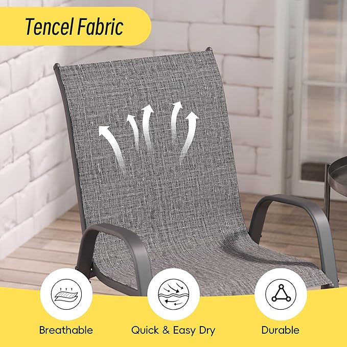 Betterhood Patio Chairs Set of 4, Stackable Outdoor Dining Chairs Set with Breathable Seat Fabric, All-Weather Powder-Coated Metal Frame for Deck, Pool Side and Backyard, 350LBS Capacity (Grey) Betterhood