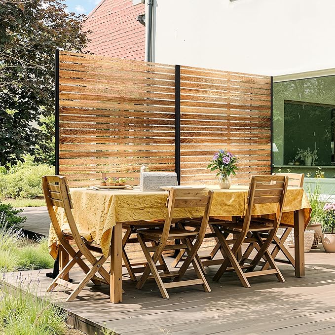 FENCY Metal Privacy Screen 72" H×47" W Natural Wood Color Outdoor Privacy Screen, Freestanding Decorative Privacy Fence Panels for Deck Balcony Patio FENCY