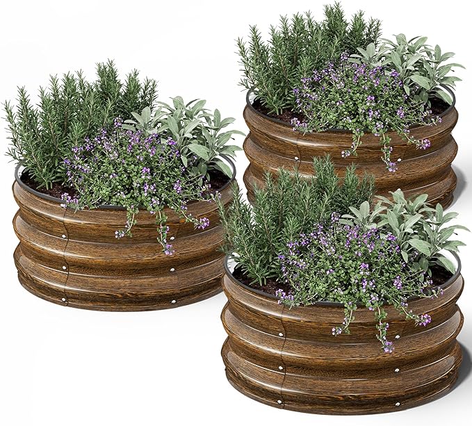 Kesfitt Round Metal Raised Garden Bed, 2x2x1 FT, 12-Inch Deep Galvanized Steel Garden Bed with Open Bottom for Vegetables & Herbs, Walnut Finish, 3 Pack Kesfitt