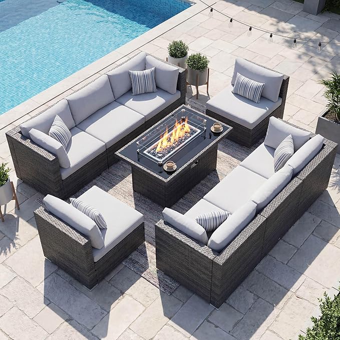 NICESOUL 9 Piece Outdoor Patio Furniture Set with Fire Pit Table Dual Natural Gas & Propane, 29.3'' High Back Extra Large Comfy Wicker Conversations, Deep Wide Modular Couches for Garden, Light Grey NICESOUL
