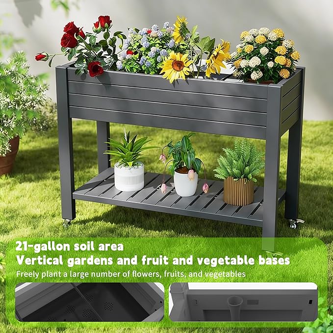 Elevated Raised Garden Bed with Legs, 33.66" Tall Self-Watering Resin Outdoor Planter Box with Storage Shelf, Drain Plug Water & Monitor for Plants Vegetables Flowers Fruits (Black) GYMHILL