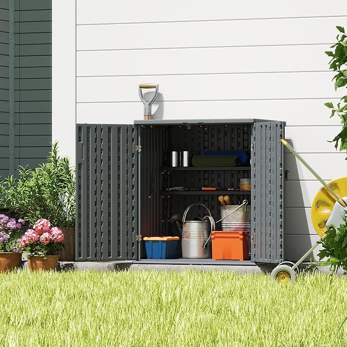 EHHLY Heavy Duty Small Storage Cabinet Outdoor Weatherproof, 14 Cuft Garage Storage Cabinet with 2 Adjustable Shelves, Lockable Kitchen Pantry Closer Organizer, 31Wx23Lx34H, Sage Grey EHHLY