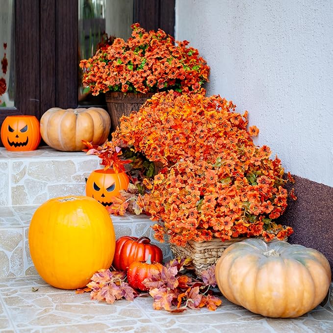 Artificial Fall Flowers Outdoor Fake Mums - 16 Bundles Fake Plants UV Resistant No Fade Faux Plastic Greenery Garden Porch Patio Fall Home Decor (Red Orange16) AXYLEX