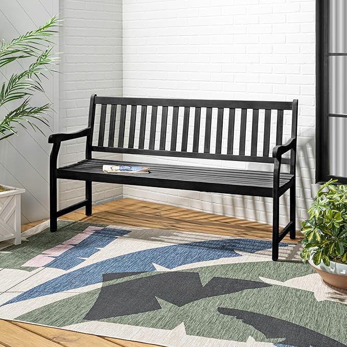 JONATHAN Y BNH101C Laurel 59.1" 3-Seat Slat-Back 600-Lbs Support Acacia Wood Outdoor Garden Patio Bench for Garden, Lawn, Backyard, Pool, Deck, Beach, Firepit, Black JONATHANY
