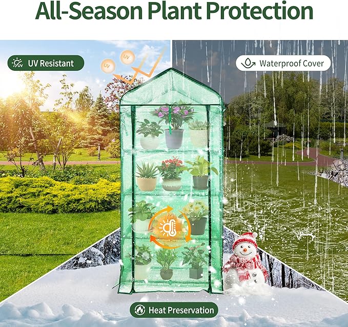 4 Tier Mini Greenhouse for Outdoor Indoor, Double-Layer Roof, Heavy Duty Small Greenhouses with PE Cover, Portable Green Houses for Outside Winter Plant Protection, 64'' H x 27'' L x 20'' W PROWORX