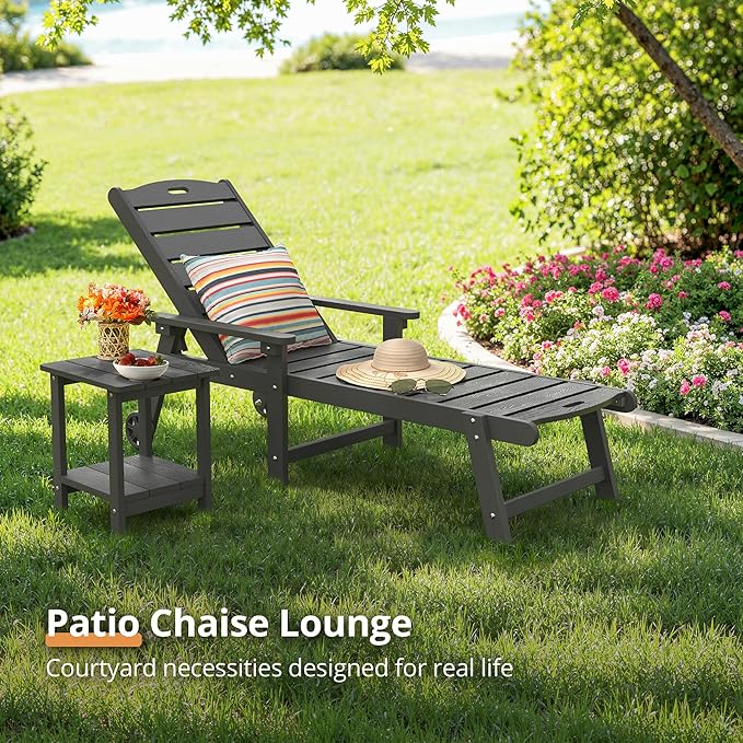 LUE BONA Outdoor Chaise Lounge Chairs Set of 4, HDPS Chaise Lounger, 5 Positions Adjustable Lounge Chairs, Pool Lounge Chair with Wheels for Poolside, Dark Gray LUEBONA