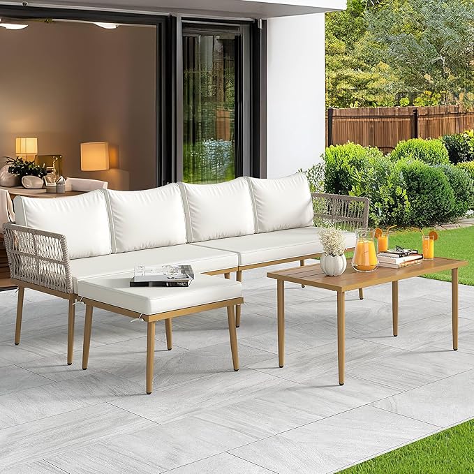 YITAHOME Patio Furniture Set, 6 Pieces Outdoor Rattan Woven Sectional Sofa Patio Loveseat with Ottoman and and Side Table, Conversation Set for Backyard, Porch, Boho - Beige YITAHOME