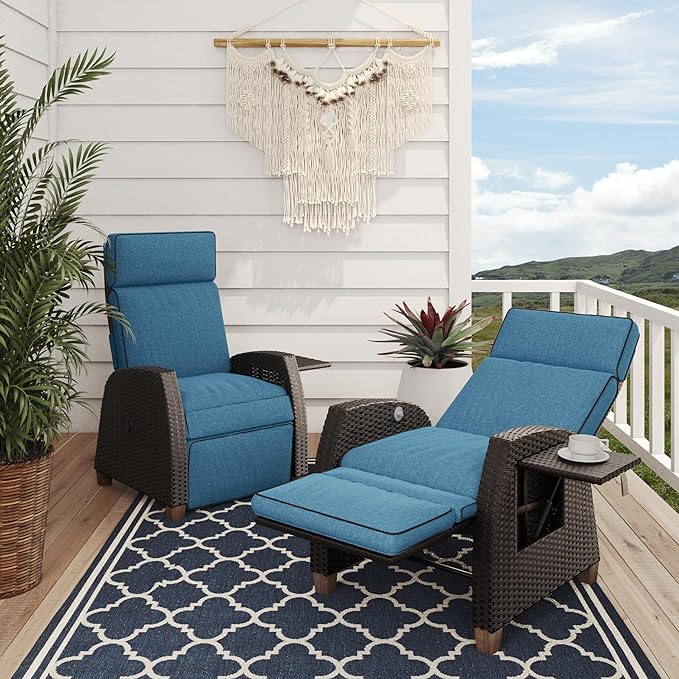 Grand patio Outdoor Reclining Chairs with Extended Footrest 2-Piece Adjustable Patio Wicker Lounge Recliner up to 150° with Flip Side Table Peacock Blue GrandPatio