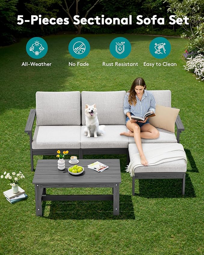 SERWALL Outdoor Sectional Sofa Set, 5-piece Outdoor Modula Couch Set with Ottoman, All Weather Patio Furniture Set with Chaise for Deck, Lawn, Gray Frame with Khaki Cushion SERWALL