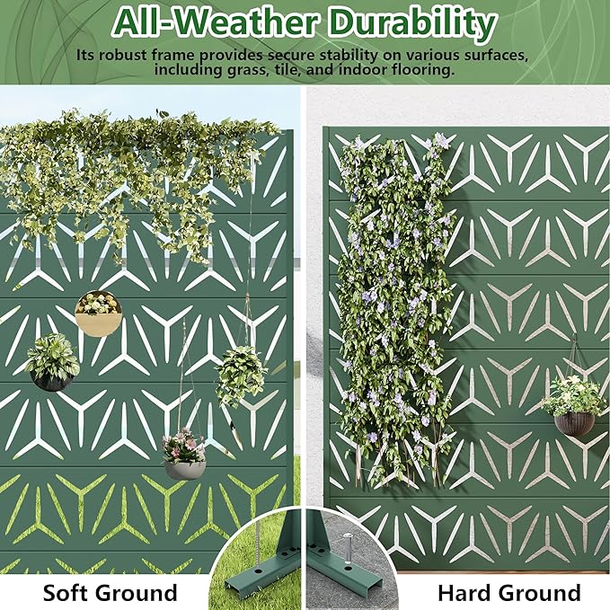 Casaphoria Metal Privacy Screen Outdoor, 72" H x 47" W Freestanding Decorative Privacy Screen for Patio Deck Balcony Garden with Stable Base, Drakgreen-Star Casaphoria
